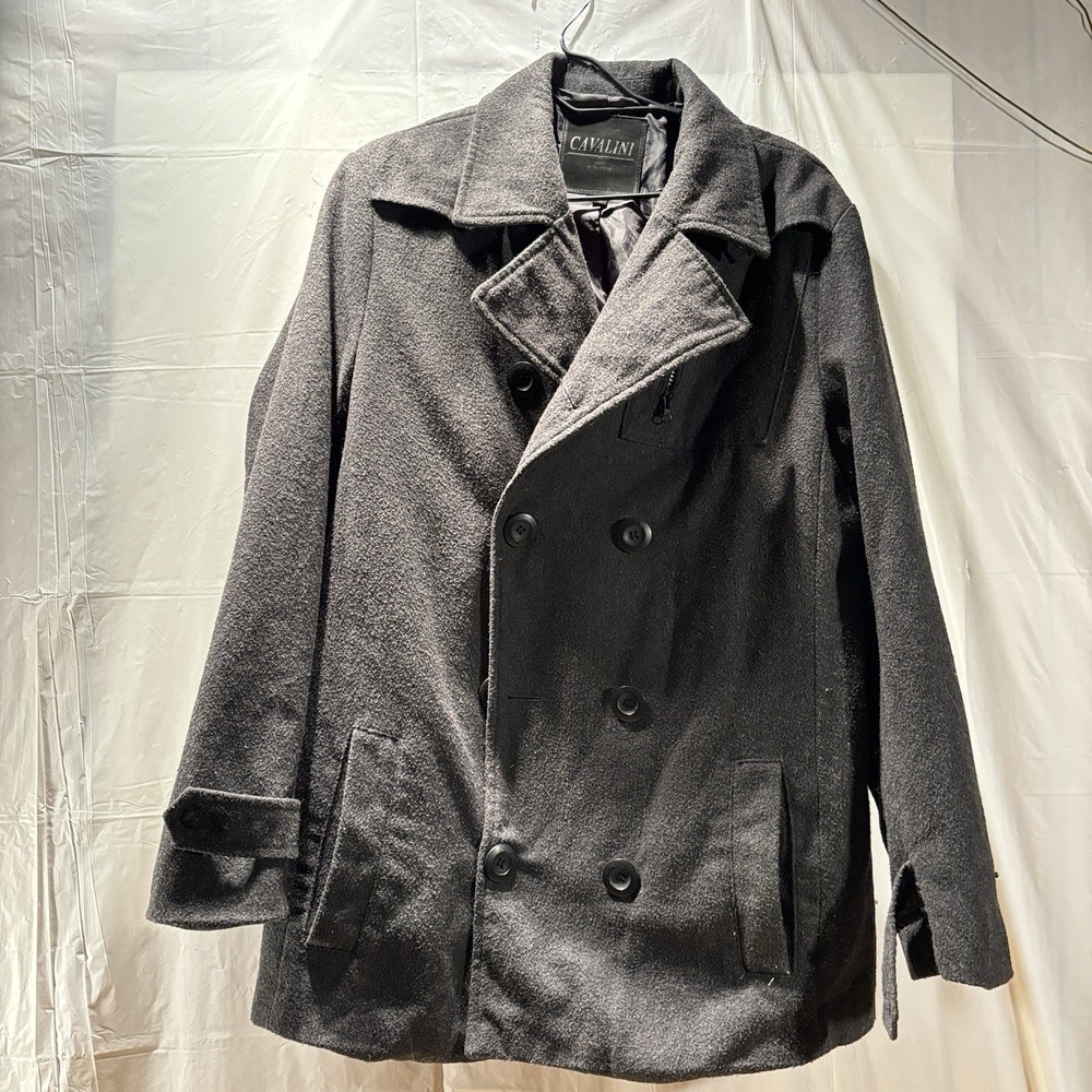 Cavalini Black Pea Coat, Button Front, Wool / Polyester Pockets, Sz L